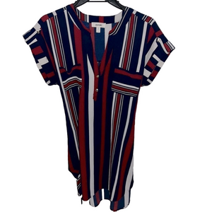 meraki red white and blue striped tie mini dress with cuffed sleeves